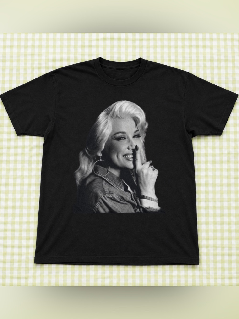 Black Dolly Parton Graphic Crewneck T-Shirt with Retro Portrait Print